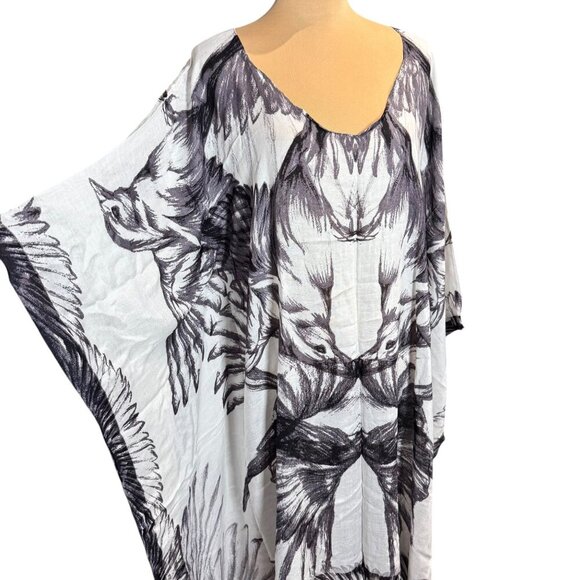 Theodora & Callum Caftan Dress One Size Beach Cover-Up Bird Printed Fringe Boho - Picture 3 of 10